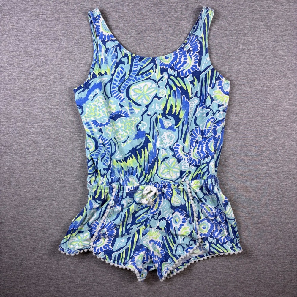 Lilly Pulitzer Romper Girls 6/7 Blue Green Sand Dollar Pom Pom Sleeveless